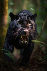 Naklejka na ściany i meble Wild black panthera roaring aggressively. Jungle forest running generative ai