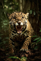 Fototapeta premium Wild Jaguar panthera roaring aggressively. Jungle forest running generative ai