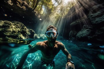Obraz premium A Man Swimming In A River With A Mask On His Face Underwater Cave Underwater Photography Underwater Photography Generative AI