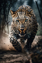 Fototapeta premium Wild Leopard panthera roaring aggressively. Jungle forest running generative ai