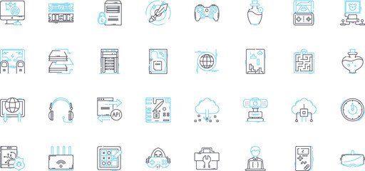 Artificial intelligence linear icons set. Automation, Robotics, Machine learning, Natural language processing, Big data, Neural nerks, Cognitive computing line vector and concept signs. Algorithm