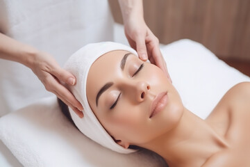 Obraz na płótnie Canvas Beautiful woman receiving treatment at spa. Head massage at beauty spa. Skin rejuvenation concept. Digital ai art