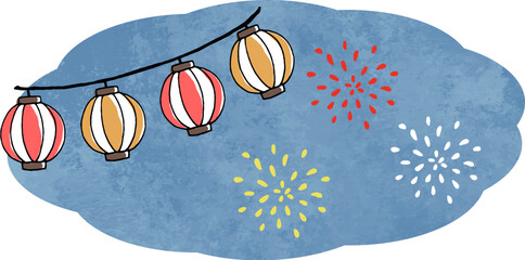 夏祭りの提灯と打ち上げ花火の手描きイラスト素材 © みちょこ