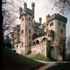 Fototapeta na wymiar Exterior view of a medieval castle - generative AI