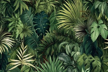 Fototapeta na wymiar Wallpaper jungle pattern tropical forest palm tropical. Generative AI