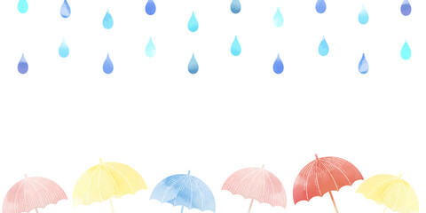 Fototapeta na wymiar 水彩風の雨の日のカラフルな傘の背景イラスト