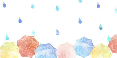 水彩風の雨の日のカラフルな傘の背景イラスト_フラットレイ