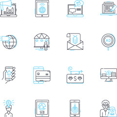 Advertising plan linear icons set. Promotion, Outreach, Branding, Exposure, Campaign, Strategy, Business line vector and concept signs. Marketing,Market,Impact outline illustrations