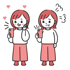 スマホを使う女性　笑顔　怒る