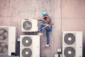 Black man, ac repair and technician, maintenance with engineering and fixing air conditioner with...