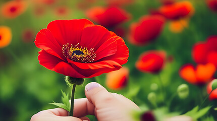 A hand holding a bright red poppy flower