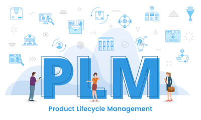 plm concept with big words and people surrounded by related icon with blue color style
