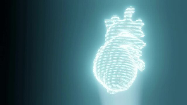 Holographic image of 3D heart animation rotating against dark background