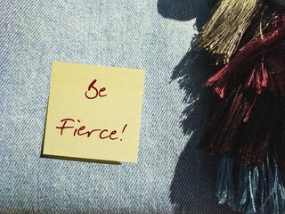 Jeans fabric purse bag with handwriting note BE FIERCE, positive daily self-talk to build...