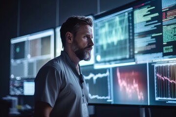 A Man Standing In Front Of A Large Display Of Data On A Wall Conference Room Advertising Photography Hr Analytics Generative AI