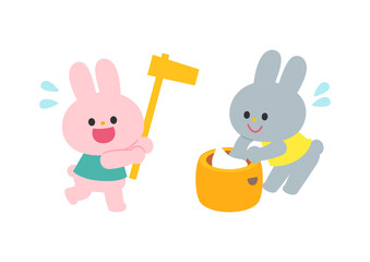 お餅つきをするウサギたち