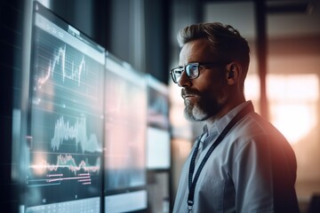 Fototapeta premium A Man With Glasses Looking At A Computer Screen With A Chart On It Conference Room Advertising Photography Hr Analytics Generative AI
