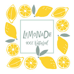 Lemon frame for Lemonade label. Color Lemon fruit with lettering, hand drawn sketch isolated. Freehand doodle vector illustration. Vector Illustration for lemonade. Citrus fruit circle label template.