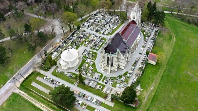 Aerial Drone View Of Charnel House And Parish Assumption In Bad Deutsch-Altenburg, Lower Austria.
