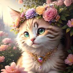 A cute kitten princess with beautiful fur, wearing a colorful flower headdress and sparkling jewelry necklace, in a charming garden full of pastel pink flowers and greenery, Generative Al technology