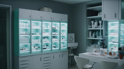 Bright empty cosmetology cabinet in modern beauty clinic. Interior of beautician room in aesthetic medicine salon. Generative Ai