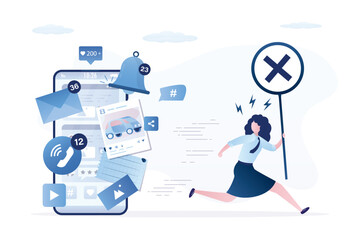 Social network fatigue, addiction. Young woman running away mobile phone.  Stop sharing and using media content, apps and notifications on smartphone screen. Dependence on gadgets.