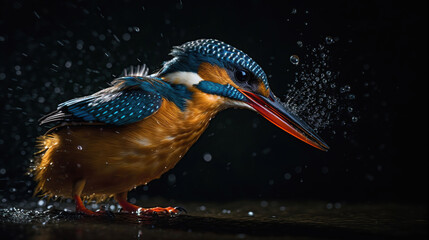Beautiful kingfisher catching a fish in cinematic lighting and close-up zoom, generative ai