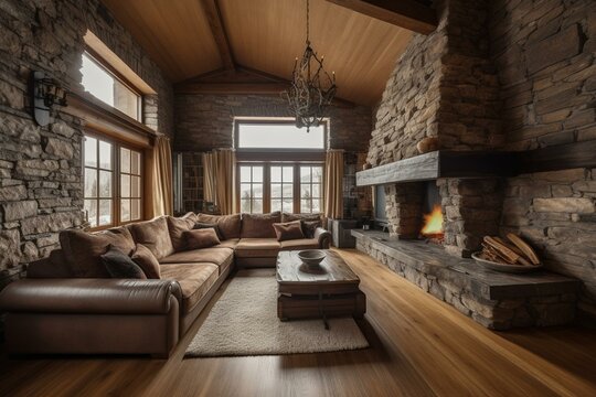 Comfortable home interior with a large soft sofa and a stone fireplace. Cozy country residence. Generative AI