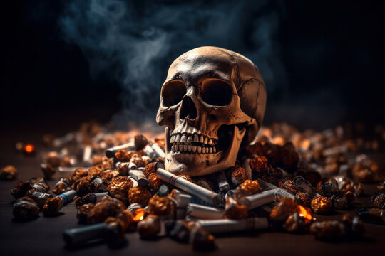 A haunting portrayal of a human skull surrounded by smoke and cigarettes, representing the lethal effects of smoking on the respiratory system, created by AI Generative for health awareness campaigns.