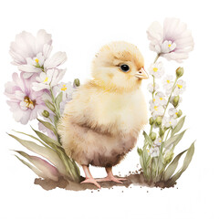 A small fluffy chicken walks next to white flowers. Image created with Generative AI technology.