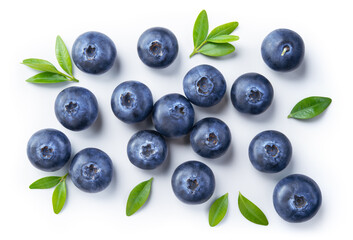 Blueberry isolated. Blueberries top view. Blueberry with leaves flat lay on white background with...