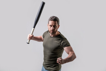 mature man with aggression threatening. man express aggression with bat isolated on grey