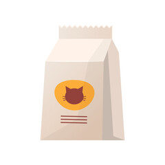 Dry food for cats. Cartoon illustration of a pack of food isolated on a white background. Vector 10 EPS.