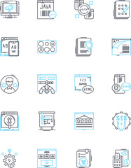 Notebook computer linear icons set. Portable, Sleek, Lightweight, Convenience, Productive, Reliable, Efficient line vector and concept signs. Mobility,User-friendly,Tech-savvy outline illustrations