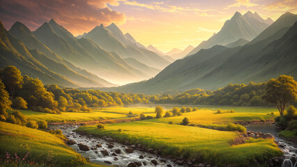 Fototapeta na wymiar Generative AI illustration. Mountain scenery with a river
