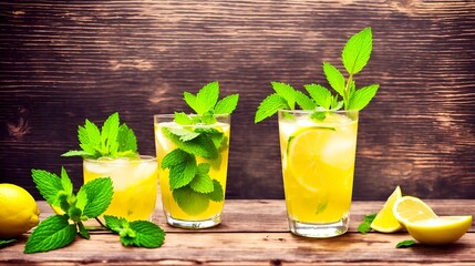 A glass of lemonade on a rustic wooden table, sliced lemons and mint leaves 