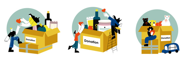 Set of cartoon characters from volunteering team support