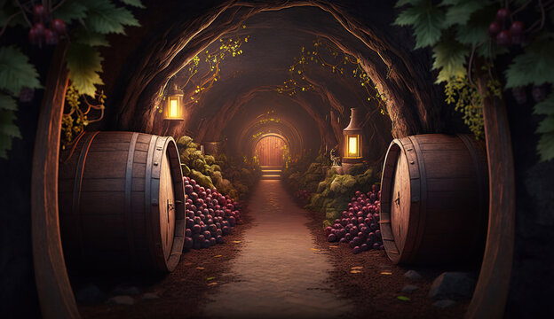 The tunnel with wine barrels. generative ai