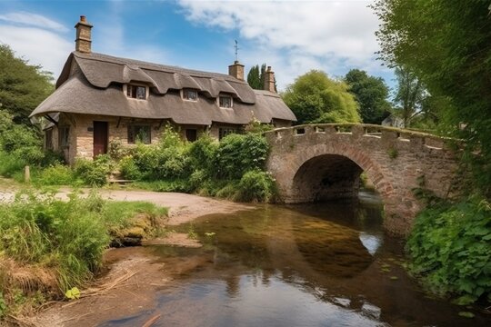traditional English village with arched bridge, stream and half-timbered, medieval buildings. Generative AI