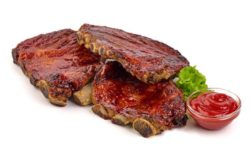Roasted spicy ribs in a bbq or tomato sauce with herbs, isolated on a white background.