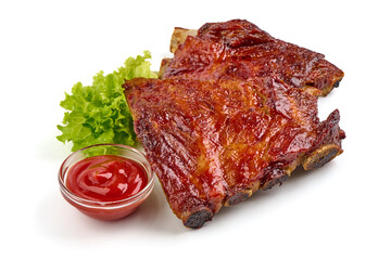 Roasted spicy ribs in a bbq or tomato sauce with herbs, isolated on a white background.