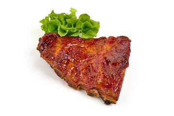 Delicious Grilled Ribs with bbq sauce, isolated on a white background. Close-up.