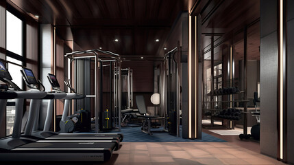Naklejka na ściany i meble Fitness Center, gym interior background. Generative Ai