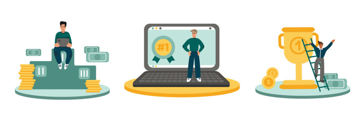 Set of different cartoon characters of young men getting promotion and high salary at work