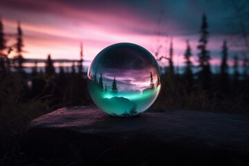 a small transparent sphere made of glass stands in the landscape created with Generative AI technology