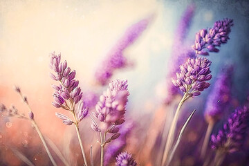 Beautiful lavender flowers in a row with purple and white colors and pastel tones background. Spring colorful flowers banner with copy space. Generative AI.