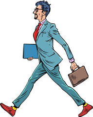 Morning work routine of an office worker. The businessman goes to work. A man in a suit walks with a briefcase and documents. Pop Art Retro