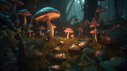 A magical forest with glowing mushrooms towering, Generative AI