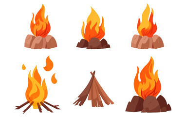 set vector illustration of fire from woods summer capming concept isolate on white