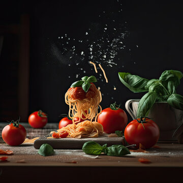 Gastronomic picture of a pasta dish with sauce and cherry tomatoes. Typical mediterranean dish.